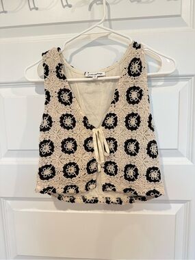 Pretty Garbage Beige Crochet Tie-Front Crop Top with Black Floral Motifs